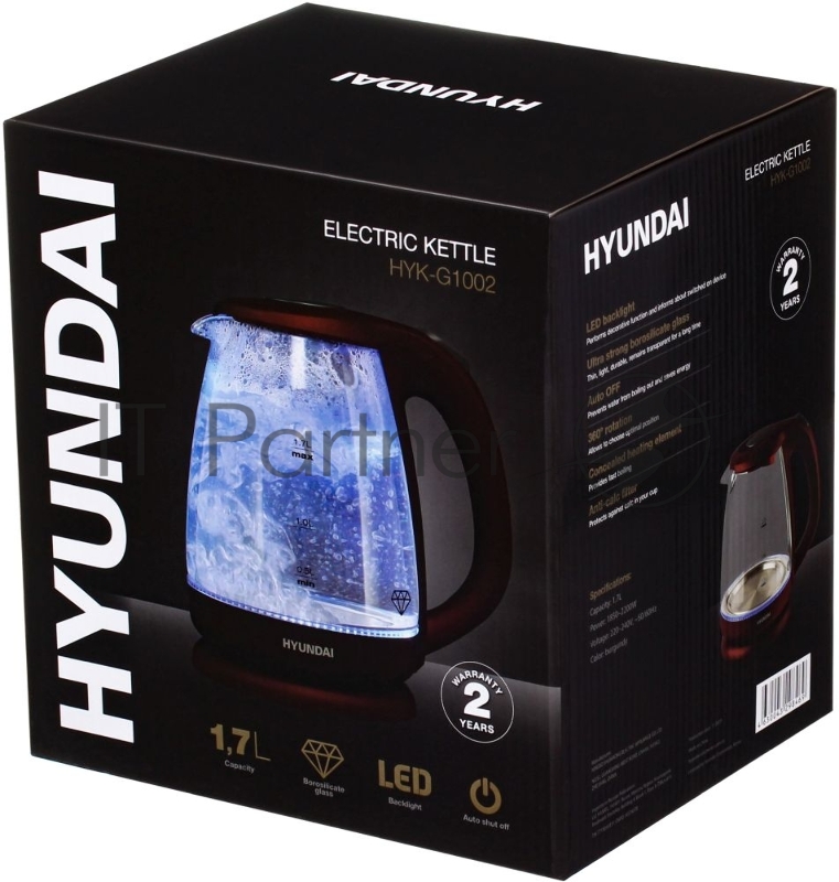 Чайник электрический Hyundai HYK-G1002 1.7л. 2200Вт бордовый (корпус: стекло)