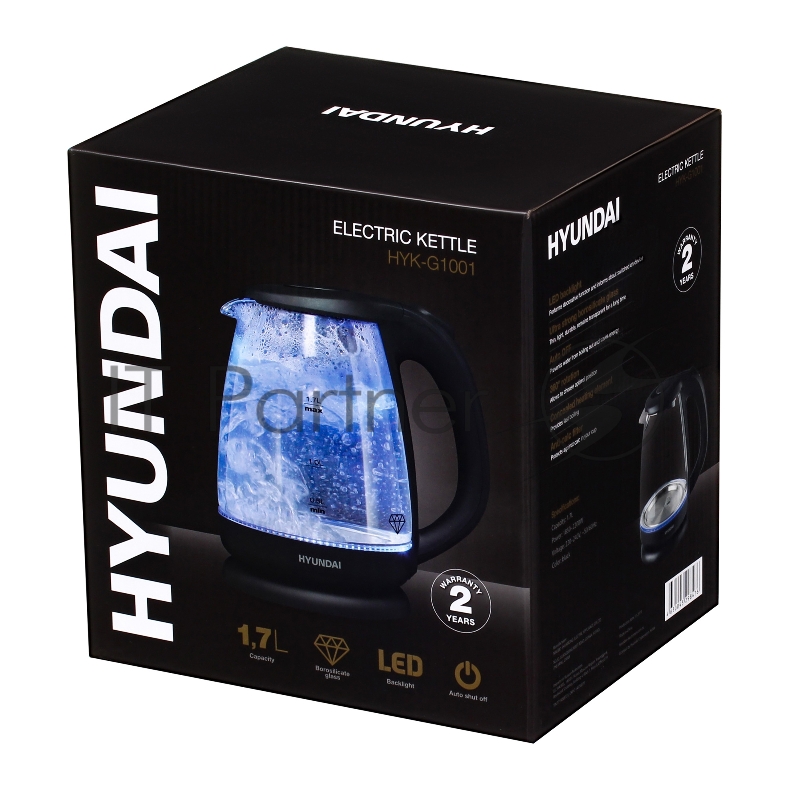 Чайник электрический Hyundai HYK-G1001 1.7л. 2200Вт черный (корпус: стекло)