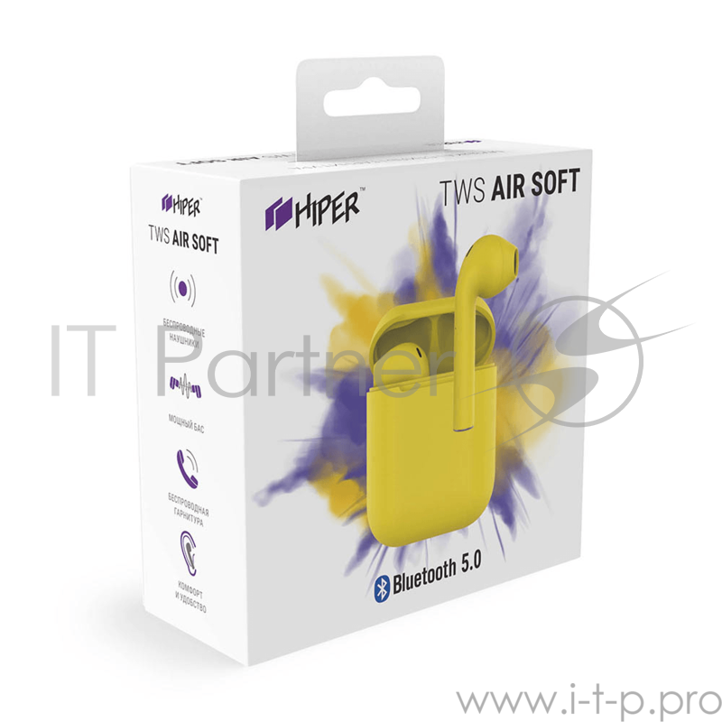 Наушники HIPER Беспроводные наушники HIPER TWS AIR Soft Bluetooth 5.0 гарнитура Li-Pol 2x50mAh+300mAh, Желтый