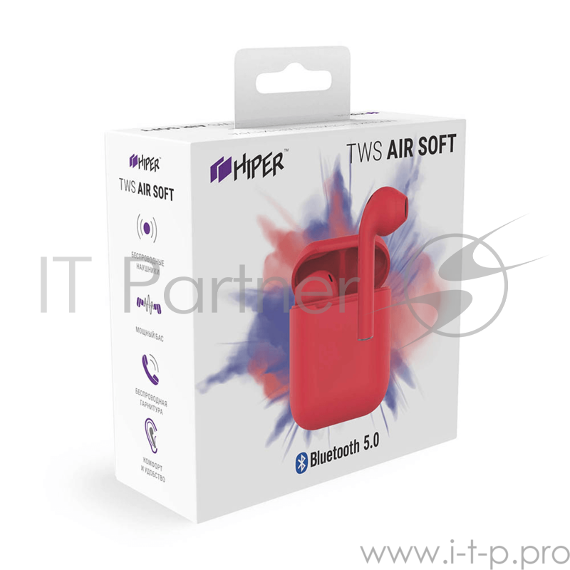Наушники HIPER Беспроводные наушники HIPER TWS AIR Soft Bluetooth 5.0 гарнитура Li-Pol 2x50mAh+300mAh, Красный
