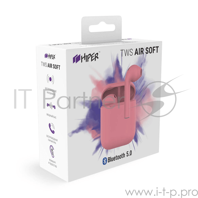 Наушники HIPER Беспроводные наушники HIPER TWS AIR Soft Bluetooth 5.0 гарнитура Li-Pol 2x50mAh+300mAh, Розовый