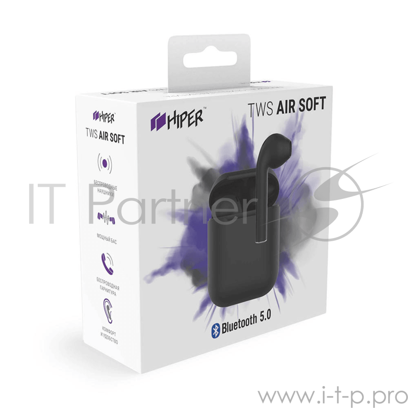 Наушники HIPER Беспроводные наушники HIPER TWS AIR Soft Bluetooth 5.0 гарнитура Li-Pol 2x50mAh+300mAh, Черный