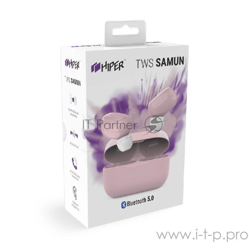 Наушники HIPER Беспроводные наушники HIPER TWS SAMUN Soft Bluetooth 5.0 гарнитура Li-Pol 2x40mAh+300mAh, Розовый