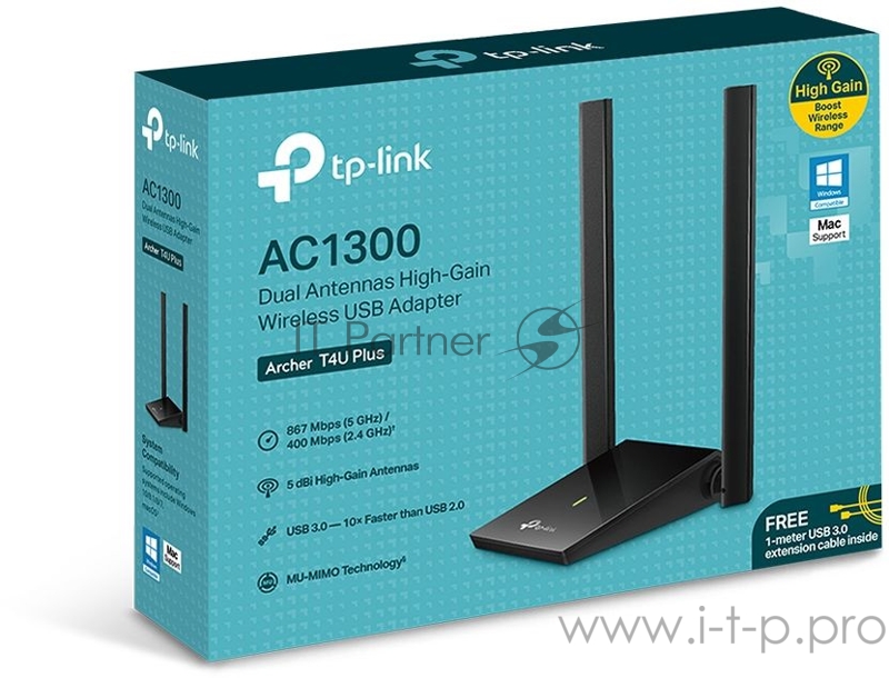 Сетевой адаптер WiFi TP-Link Archer T4U Plus AC1300 USB 3.0 (ант.внеш.несъем.) 2ант.