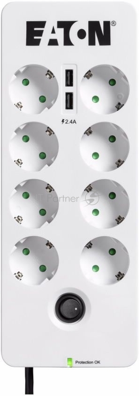 Сетевой фильтр Eaton Protection Box 8 Tel@ USB DIN 0.8м (8 розеток) белый/черный (коробка)