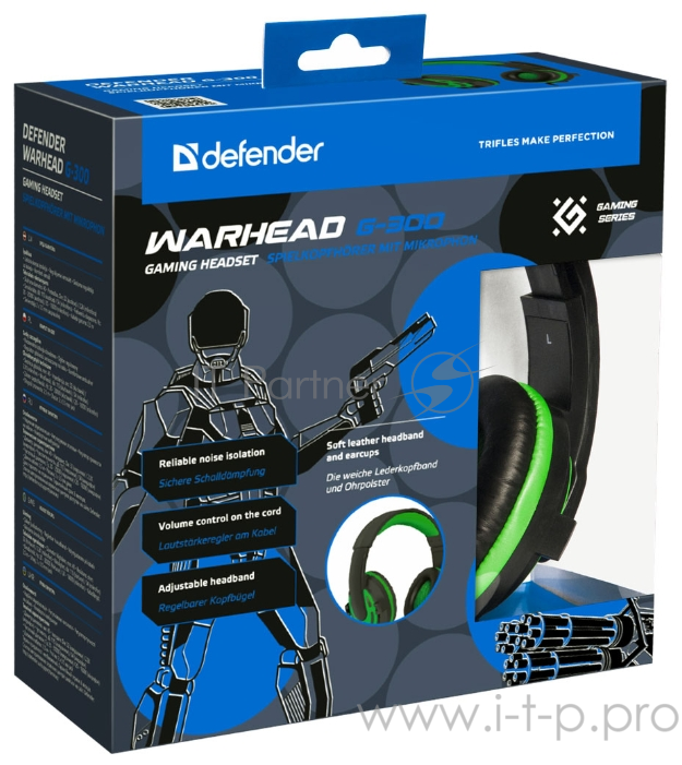 Гарнитура Defender G-300 Warhead 64128, с регулятором громкости, черно-зеленый