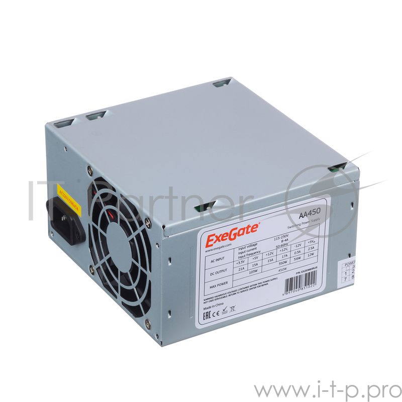 Блок питания 450W Exegate AA450, ATX, 8cm fan, 24+4pin, 2*SATA, 1*IDE