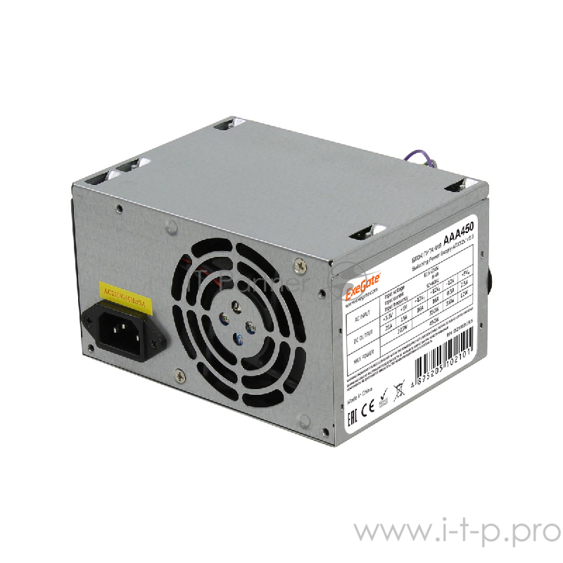Блок питания 450W Exegate AAA450, ATX, 8cm fan, 24p+4p, 2*SATA, 1*IDE