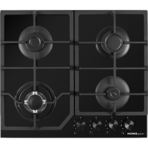 Газовая панель HOMSair HGG643TGCBK , механическое управление, закаленное стекло, 4 конфорки, газ контроль, автоподжиг, черный цвет