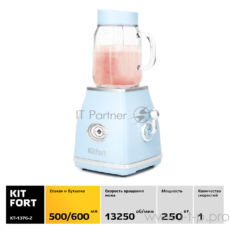 Блендер Kitfort Мощность: 250 Вт.Емкость чаши: 0,5 л.Материал корпуса: пластик,голубой.
