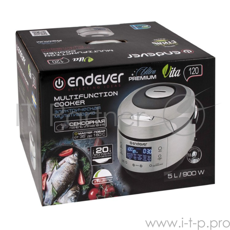 Мультиварка-скороварка Endever Vita-120, 900 Вт., чаша 5 л., 20 программ + Мастер-повар, таймер 24 ч., стальной/черный