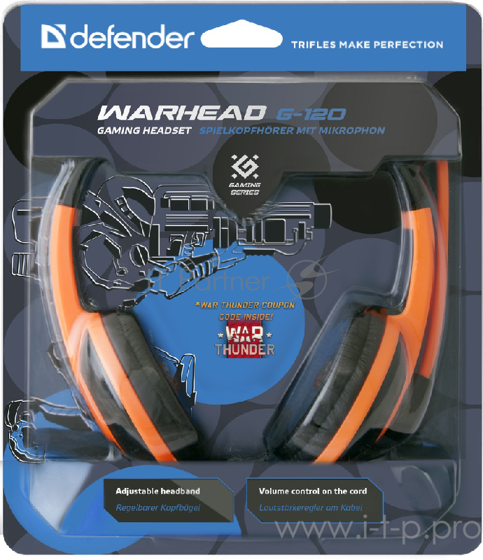 Гарнитура Defender G-120 Warhead 64099, с регулятором громкости, черно-оранжевый