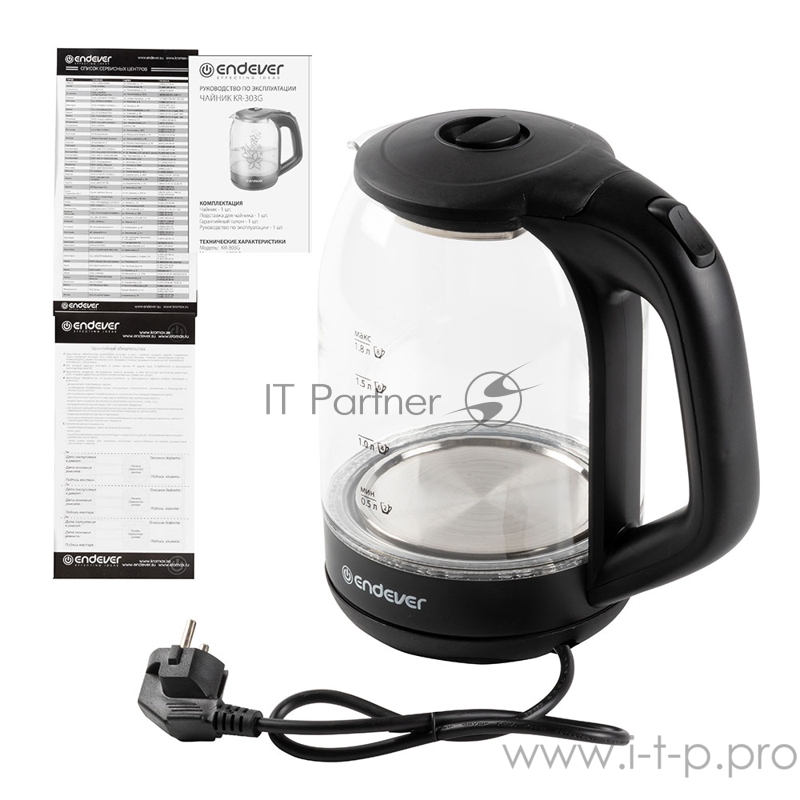 Чайник электрический Endever KR-303G, емкость 1,7л, корпус из зак.стекла, мощность 2200Вт, напряжение 220-240В