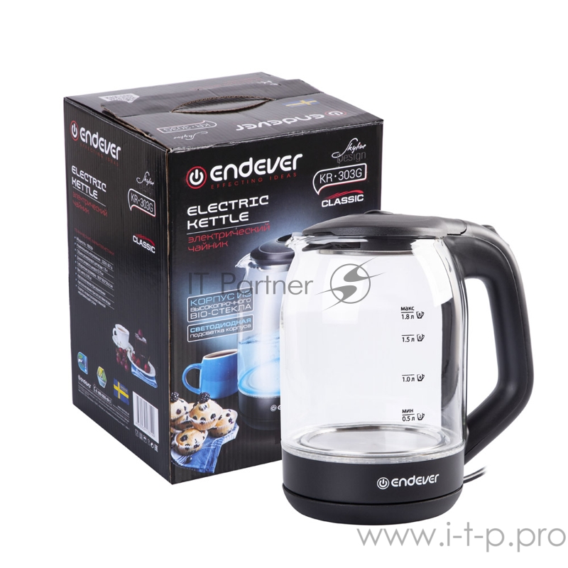 Чайник электрический Endever KR-303G, емкость 1,7л, корпус из зак.стекла, мощность 2200Вт, напряжение 220-240В