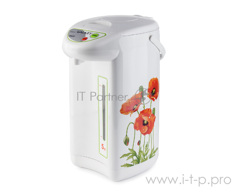 Термопот Galaxy GL0606, белый/рисунок Термопот 900 Вт, объем 5литров, 3 способа подачи воды, функция повторного кипячения, колба из нержавеющей стали, металлический корпус, ручка для переноски, шкала уровня воды, питание 220-240В ,50Гц