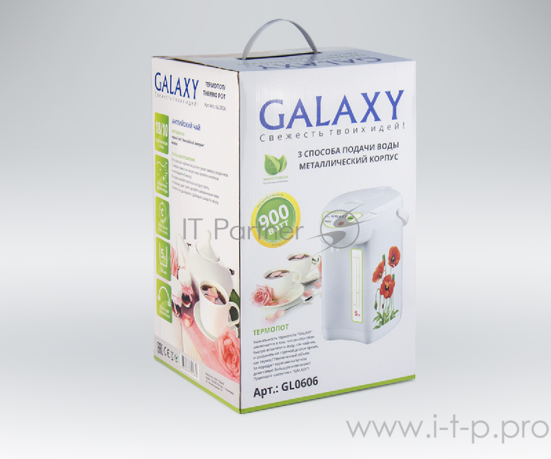 Термопот Galaxy GL0606, белый/рисунок Термопот 900 Вт, объем 5литров, 3 способа подачи воды, функция повторного кипячения, колба из нержавеющей стали, металлический корпус, ручка для переноски, шкала уровня воды, питание 220-240В ,50Гц