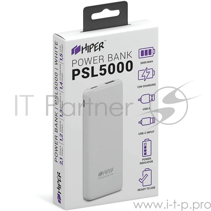 Аккумулятор HIPER Внешний аккумулятор HIPER PSL5000 Li-Pol 5000 mAh 2.4A 1xUSB 1xType-C белый