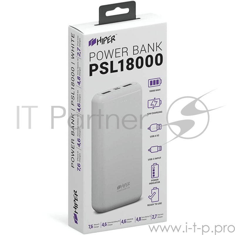 Аккумулятор HIPER Внешний аккумулятор HIPER PSL18000 Li-Pol 18000 mAh 2.4A+2.4A 2xUSB 1xType-C белый