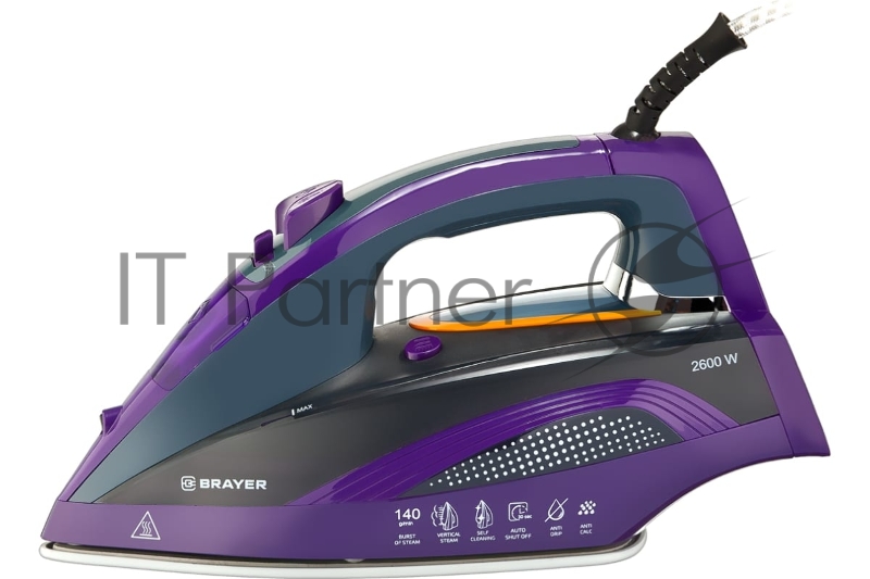 Утюг BRAYER, 2600 Вт, керамич, автоотключ. Пар 140 г/м, One temp, антикапля, спрей, самоот,