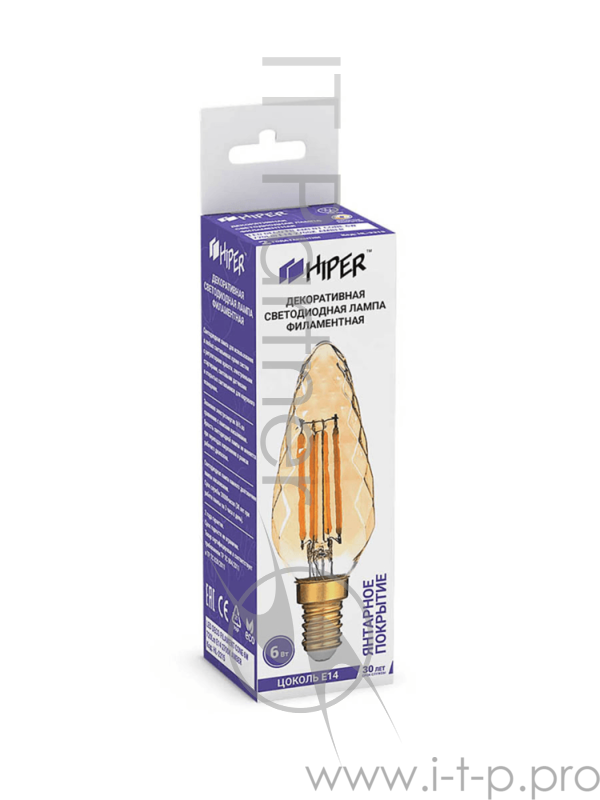 Лампа светодиодная Hiper HIPER LED DECO FILAMENT CONE 6W 720Lm E14 35105 2700K GOLD