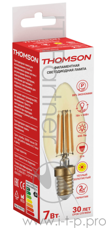 Лампа светодиодная Hiper THOMSON LED FILAMENT CANDLE 7W 695Lm E14 2400K GOLD