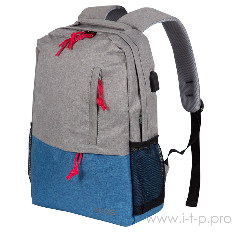 Ecos Рюкзак ECOS Городской, серый/синий 15л, с USB портом