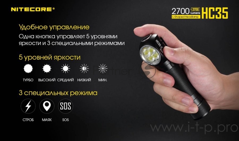 Фонарь налобный Nitecore HC35 черный лам.:светодиод. 18650x1 (16962)