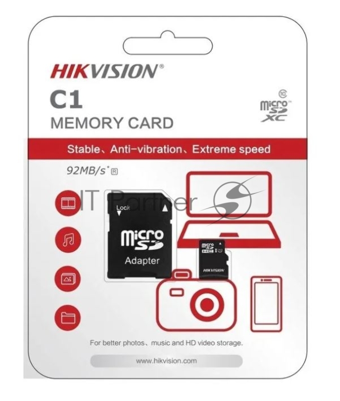 Флеш карта microSDHC 32GB Hikvision HS-TF-C1(STD)/32G/Adapter <HS-TF-C1(STD)/32G/Adapter> (с SD адаптером) R/W Speed 92/20MB/s , V10
