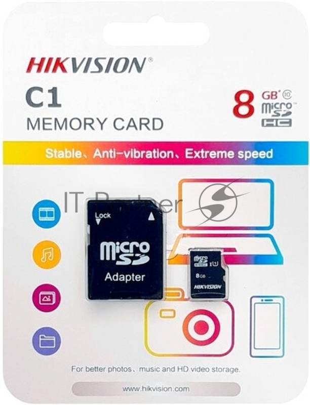 Флеш карта microSDHC 8GB Hikvision HS-TF-C1(STD)/8G/Adapter <HS-TF-C1(STD)/8G/Adapter> (с SD адаптером) R/W Speed 90/12MB/s