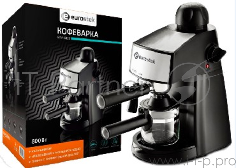 Кофеварка Eurostek ECM-6811 (4) Капучинатор. • Мощность – 800 Вт • 4 чашки эспрессо • Объем 240мл • Давление – 3,5 бар • Приготовление молочной пенки • Извлекаемый и моющийся поднос • Графин с измерительной шкалой • Кнопки вкл/выкл со световой подсве