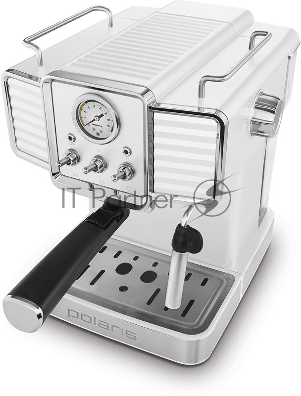 Polaris, PCM 1538E, Кофеварка рожковая 2 чашки, 1470Вт, 15бар, молотый кофе, автоматический капучинатор, регулируемая платформа, кнопки для автоматического приготовление капучино, эспрессо и латте, одновременное приготовление 2 чашек, подсветка кнопо