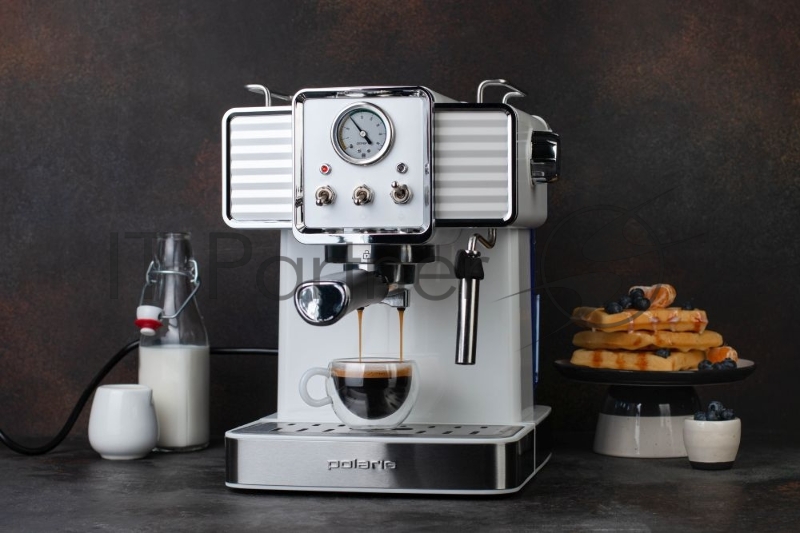 Polaris, PCM 1538E, Кофеварка рожковая 2 чашки, 1470Вт, 15бар, молотый кофе, автоматический капучинатор, регулируемая платформа, кнопки для автоматического приготовление капучино, эспрессо и латте, одновременное приготовление 2 чашек, подсветка кнопо