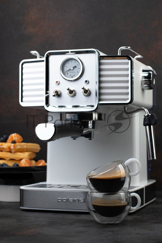 Polaris, PCM 1538E, Кофеварка рожковая 2 чашки, 1470Вт, 15бар, молотый кофе, автоматический капучинатор, регулируемая платформа, кнопки для автоматического приготовление капучино, эспрессо и латте, одновременное приготовление 2 чашек, подсветка кнопо