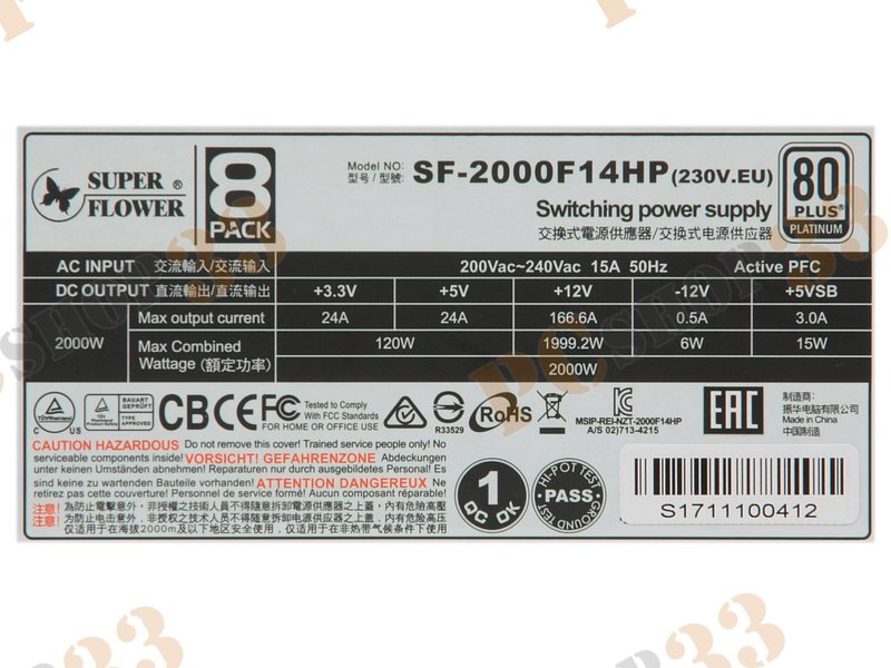 Блок питания 2000Вт Super Flower Leadex Platinum SF-2000F14HP ATX12V V2.32 (24+4/8+6+6/8pin, вентилятор d140мм) + кабель питания EURO (1.7м)