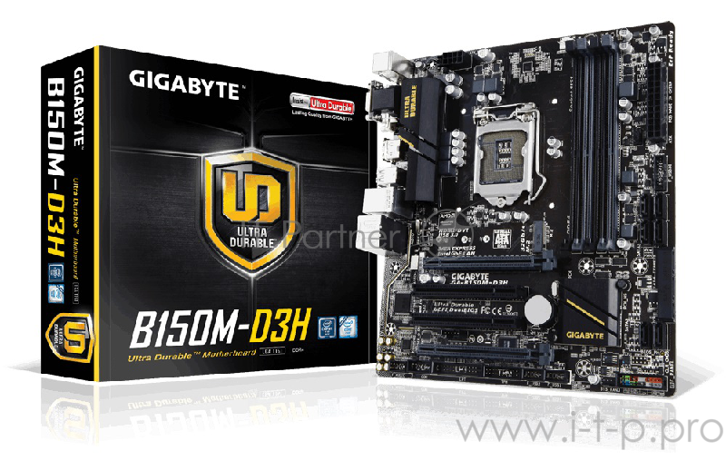 Материнская плата Gigabyte GA-B150M-D3H RTL {LGA151, iB150, 4*DDR4, PCI-E, SATA 6Gb/s + RAID, M.2 port, 8ch, GLAN, USB3.0, D-SUB+ DVI-D + HDMI, mATX}