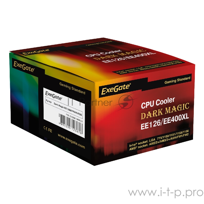 Кулер ExeGate EX286156RUS Dark Magic EE126M-PWM.RGB (Al black coating, LGA775/1150/1151/1155/1156/120 TDP 100W, Fan 120mm, PWM, 900-2000RPM, Hydro bearing, 4pin, 11-24db, 410г, черный, RGB подсветка, с терм