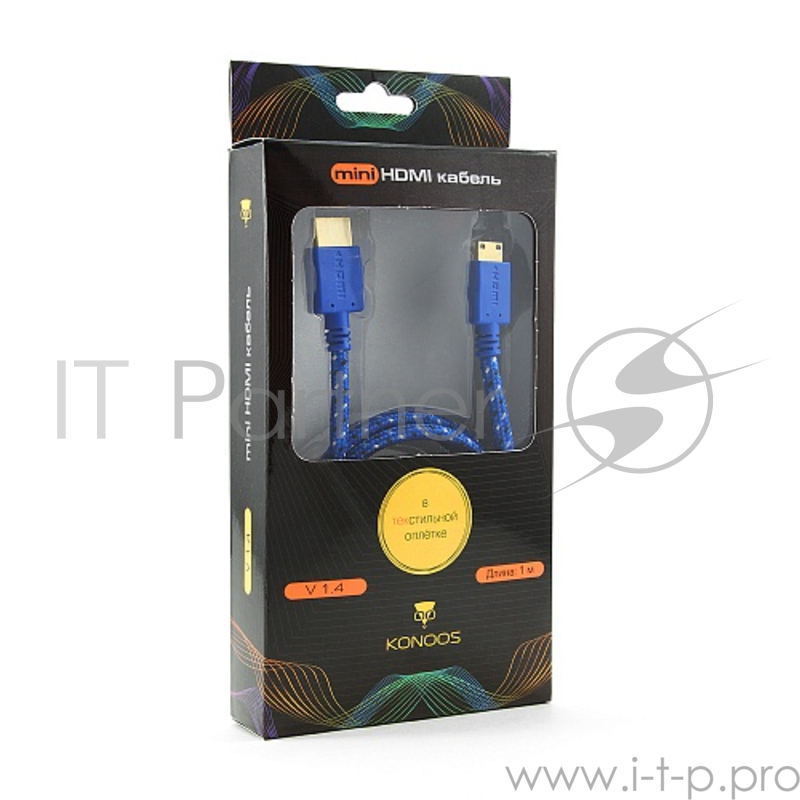 Кабель Konoos Кабель HDMI- miniHDMI KC-HDMICnbl, 1м, v1.4, 19M/19M, нейлоновая оплетка, синий, позол.разъемы, коробка