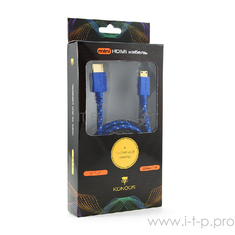 Кабель Konoos Кабель HDMI- miniHDMI KC-HDMICnbl, 1м, v1.4, 19M/19M, нейлоновая оплетка, синий, позол.разъемы, коробка