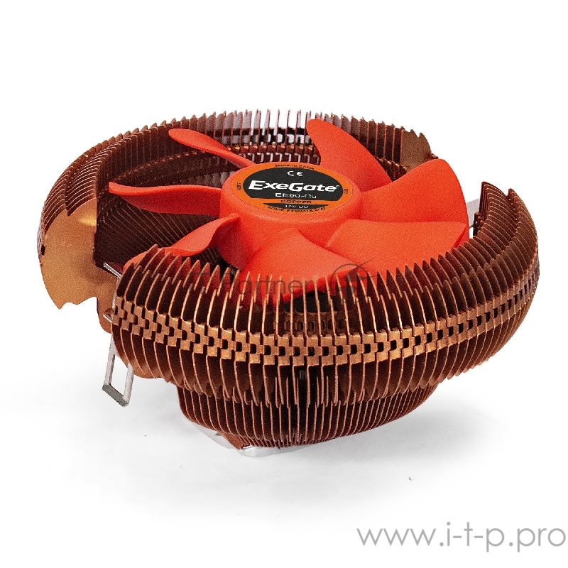 Кулер ExeGate EX286151RUS EE90-Cu (Al+Cu, LGA775/1150/1151/1155/1156/120 /AM3/AM3+/AM4/FM1/FM2/754/939/ TDP 80W, Fan 90mm, 2200RPM, Hydro bearing, 3pin, 22db, 265г, с термопастой, на защелках, Retail color box)