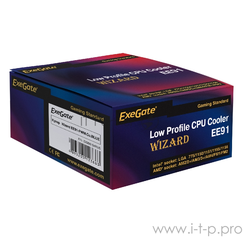Кулер ExeGate EX286154RUS Wizard EE91-PWM.Cu.BLUE (Al+Copper, LGA775/1150/1151/1155/1156/120 TDP 80W, Fan 90mm, PWM, 800-2400RPM, Hydro bearing, 4pin, 11-24db, 265г, голубая подсветка, с термопастой, на защ
