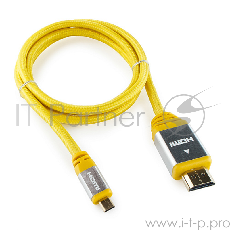 Кабель Konoos Кабель HDMI- microHDMI KCP-HDMIDny, 1м, v1.4, 19M/19M, алюмин. корпус, нейлоновая оплетка, желтый, позол.разъемы, коробка