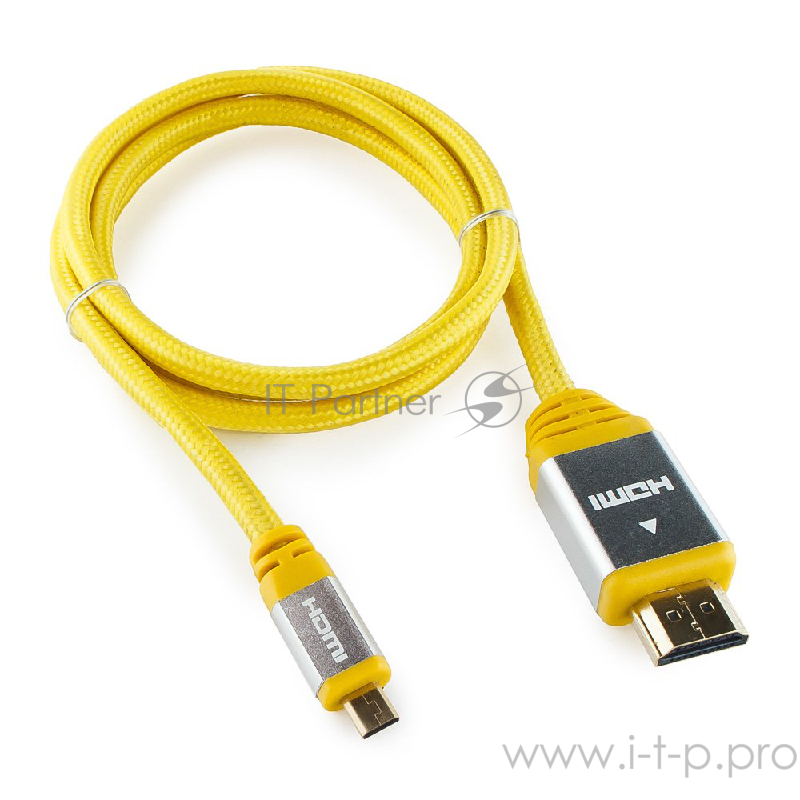 Кабель Konoos Кабель HDMI- microHDMI KCP-HDMIDny, 1м, v1.4, 19M/19M, алюмин. корпус, нейлоновая оплетка, желтый, позол.разъемы, коробка