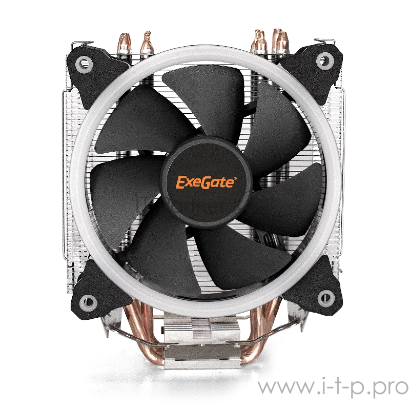 Кулер ExeGate EX286159RUS Wizard EXX400-PWM.RGB (Al+Copper, 4 тепл.трубки, LGA775/1150/1151/1155/1156/120 TDP 80W, Fan 90mm, PWM, 800-2400RPM, Hydro bearing, 4pin, 11-24db, 680г, RGB подсветка, с термопасто