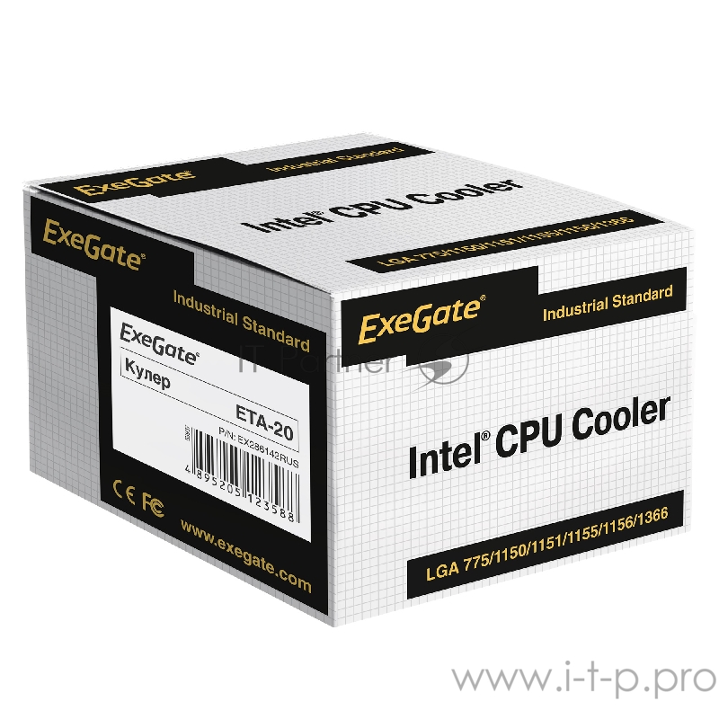 Кулер ExeGate EX286142RUS ETA-20 (Al, LGA1150/1151/1155/1156/1200/13 TDP 100W, Fan 95mm, 2200RPM, Hydro bearing, 3pin, 22db, 365г, с термопастой, на винтах, Retail color box)