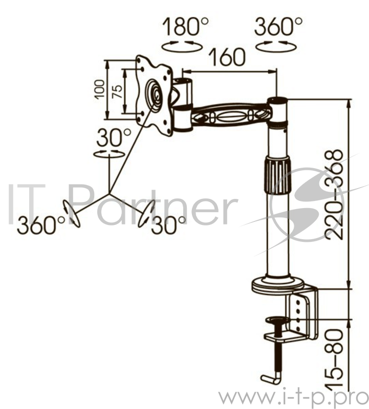 Кронштейн Kromax OFFICE-1 для мониторов LCD 15-32, настольный, VESA 75x75/100x100, высота 242-390мм, наклон ±30°, поворот 360°, нагрузка до 10 кг, grey titan