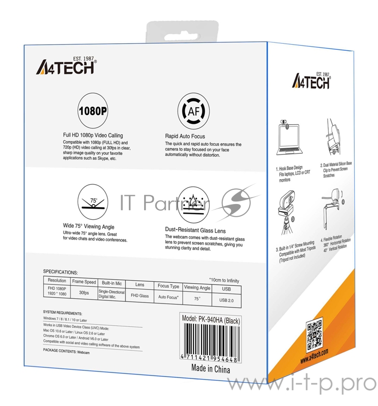 Камера Web A4 PK-940HA черный 2Mpix (1920x1080) USB2.0 с микрофоном