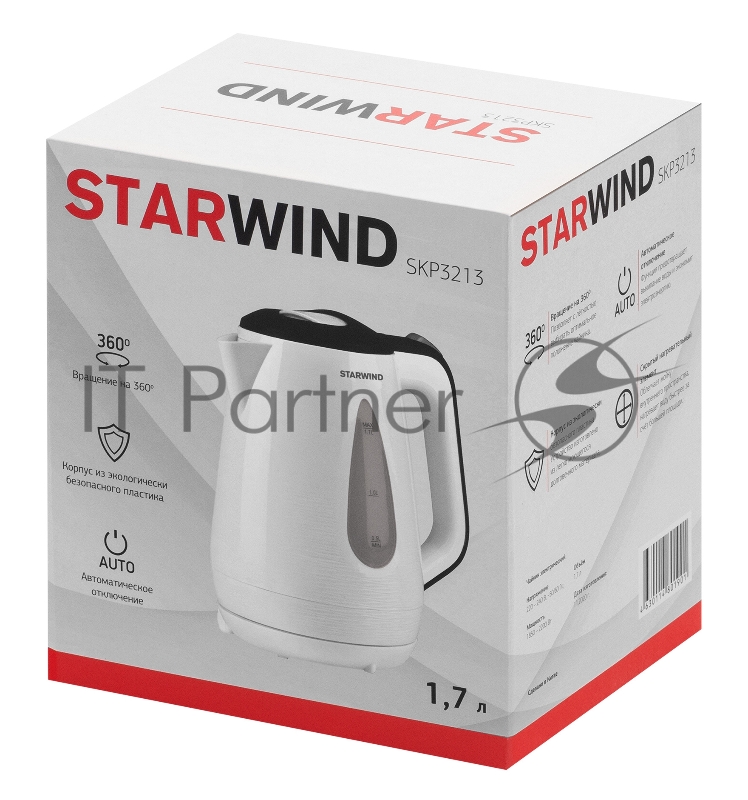 Чайник электрический Starwind SKP3213 1.7л. 2200Вт белый/черный (корпус: пластик)