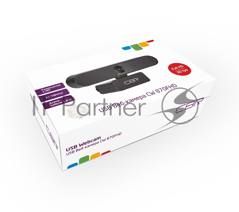 Веб-камера CBR CW 870FHD Black, 2 МП, 1920х1080, USB 2.0, встроенный микрофон с шумоподавлением, автофокус, крепление на мониторе, длина кабеля 1,8 м, цвет чёрный