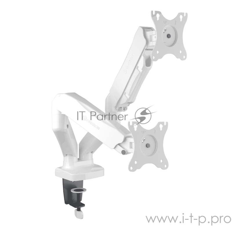 Кронштейн для 2 мониторов ONKRON Кронштейн для 2 мониторов ONKRON/ 13-32 ГАЗЛИФТ макс 100*100 наклон -90º/+90º, поворот +-90°, 2 колена, вылет от стены до 450мм, крепление к столу 10-83мм, макс общий вес 6,5кг, белый