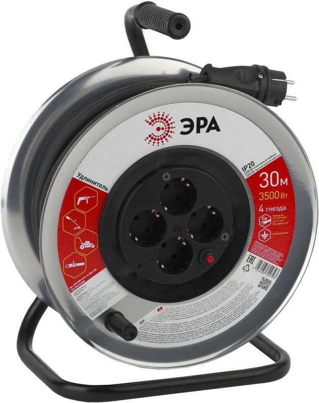 Эра Силовые удлинители на рамке и на катушке ЭРА Б0035320 Удлинитель силовой RM-4-3x1.5-30m-IP44 c заземлением 4 гн КГ 3х1,5 металлическая катушка